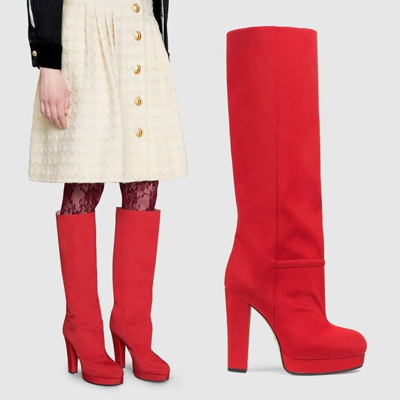 GUCCI BOOTS RED RIBBED FABRIC PLATFORM TALL BRITNEY sz 39.5 / 9.5 US - Picture 1 of 16